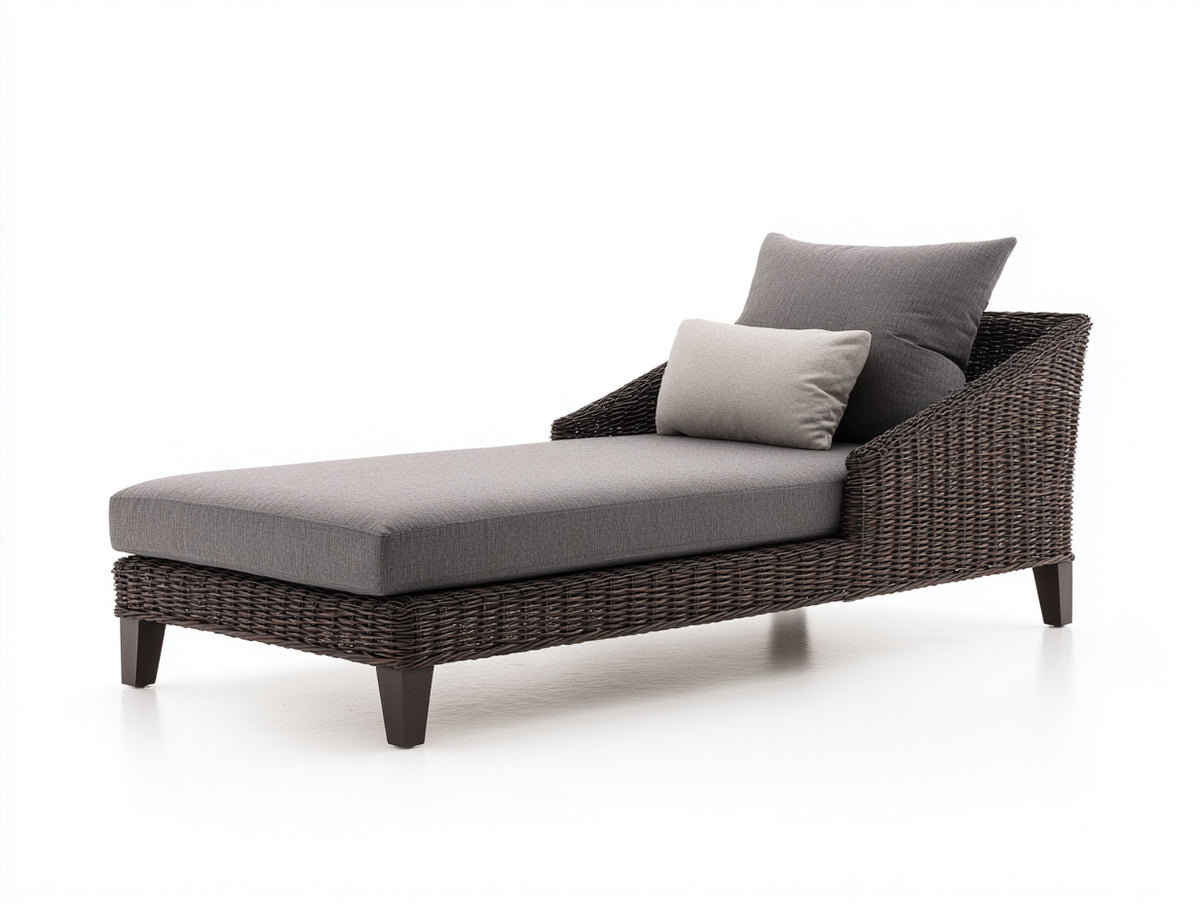 Sonnenliege Polyrattan und Stoff 180x85x78 cm - Dunkelbraun und Grau - Moderne Sonnenliege mit Armlehnen und gepolsterter Liegefläche