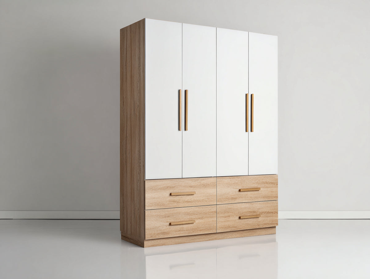 Kleiderschrank Holzwerkstoff 160x60x200 cm - Weiß und Naturholz - Moderner Kleiderschrank mit 4 Türen und 4 Schubladen
