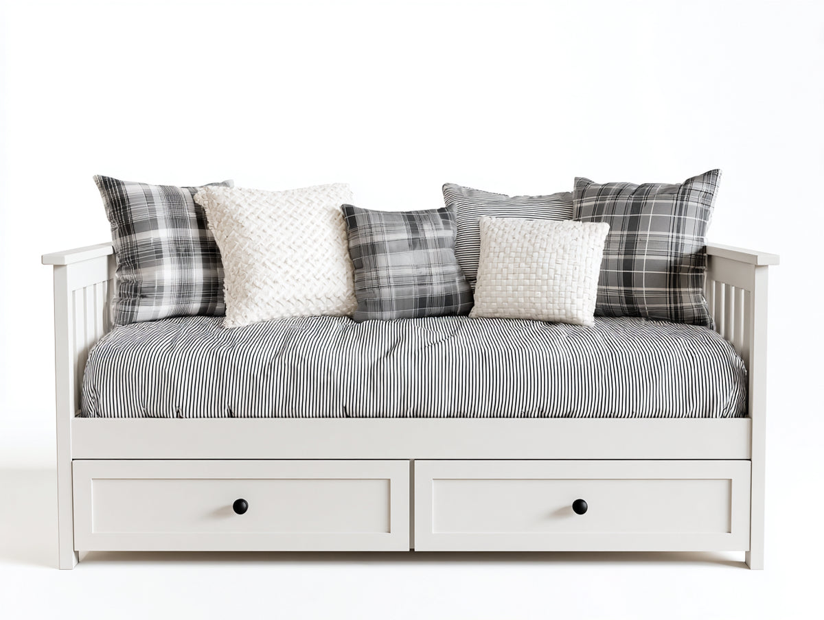 Schlafsofa aus Holzwerkstoff und Stoff 200x90x85 cm - Weiß-Grau - 2 Schubladen im Landhausstil