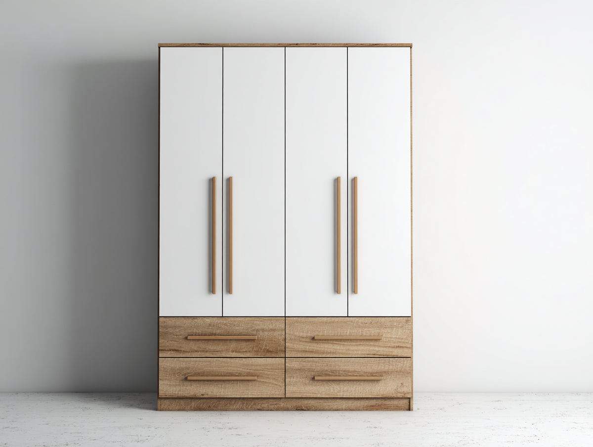Kleiderschrank aus Holzwerkstoff 160x55x200 cm - Weiß-Eiche - 4 Türen und 4 Schubladen im modernen Stil