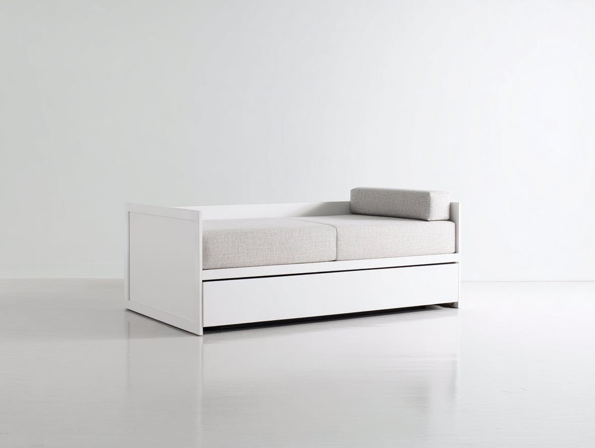 Schlafsofa aus Holz und Stoff 200x90x75 cm - Weiß-Beige - Modernes Design mit ausziehbarer Liegefunktion und Stauraum