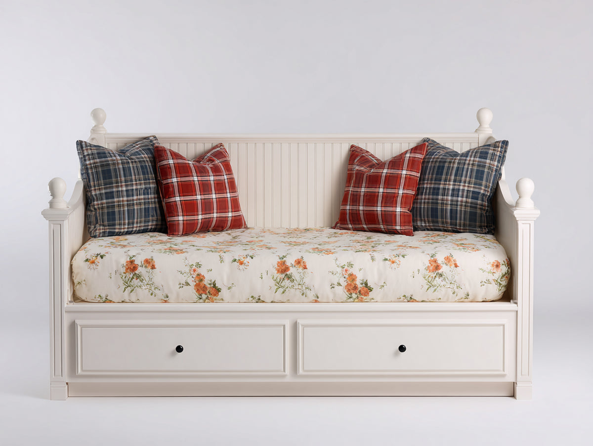 Schlafsofa aus Holz mit Stoffauflage 205x95x105 cm - Weiß-Creme - Klassisches Design mit 2 Schubladen und Liegefunktion