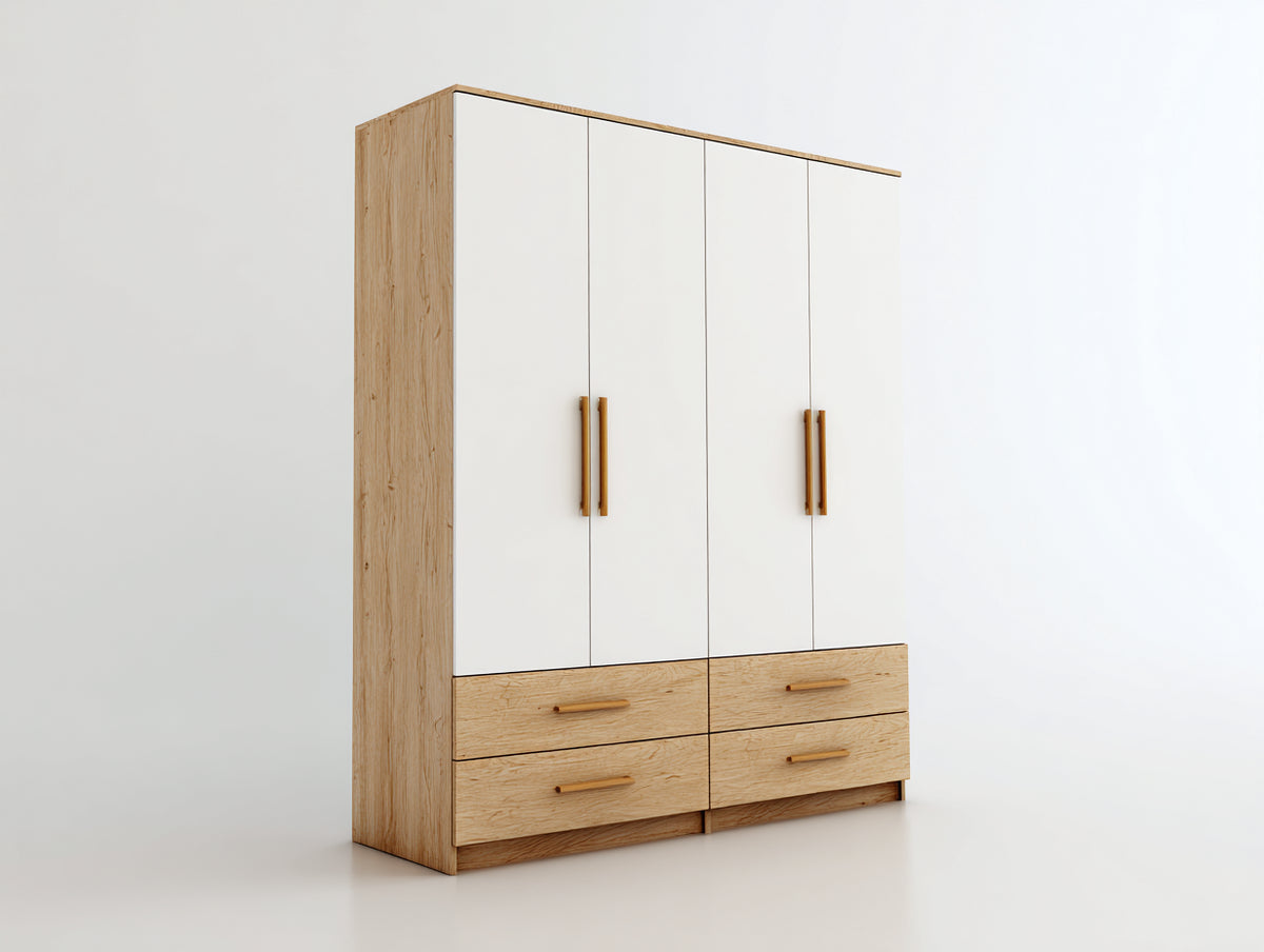 Kleiderschrank aus Holzwerkstoff 180 x 60 x 210 cm - Weiß-Naturholz - modernes Design mit 4 Türen und 4 Schubladen