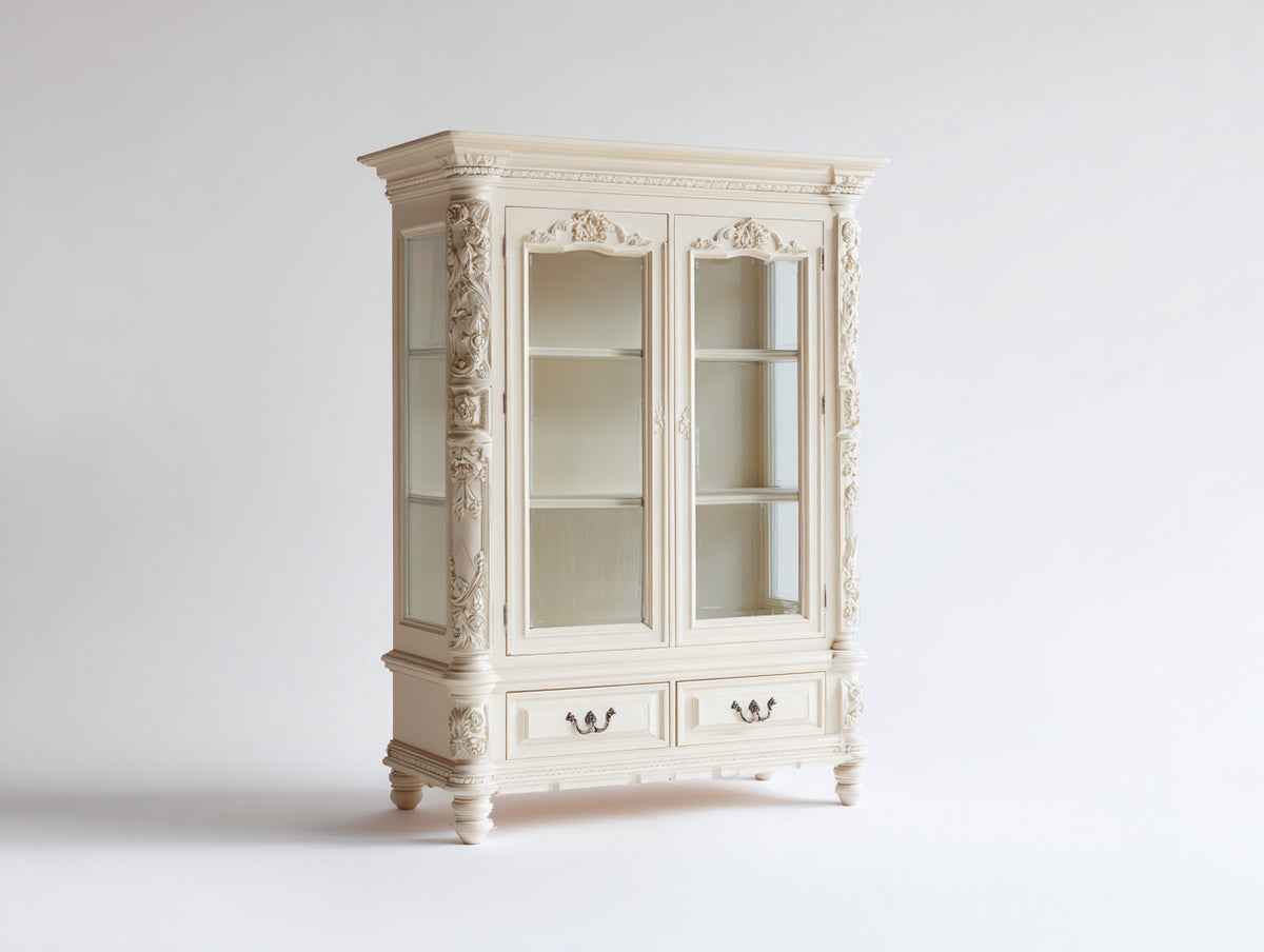 Vitrinen Schrank aus Holz und Glas 120x45x190 cm - Cremeweiß - Klassisches Design mit 2 Glastüren und 2 Schubladen