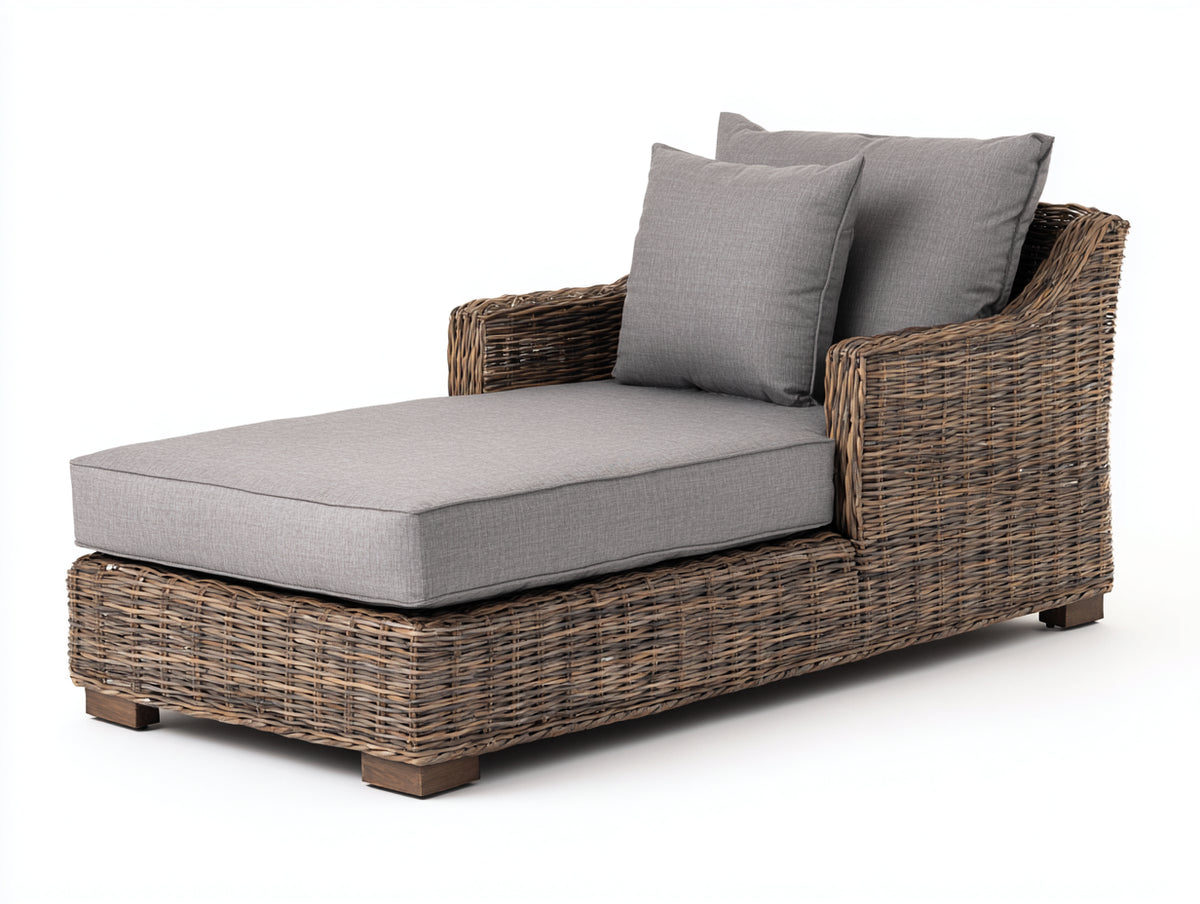 Sonnenliege Polyrattan und Stoff 170x85x80 cm - Braun und Hellgrau - Komfortable Sonnenliege mit Armlehnen und gepolsterter Liegefläche