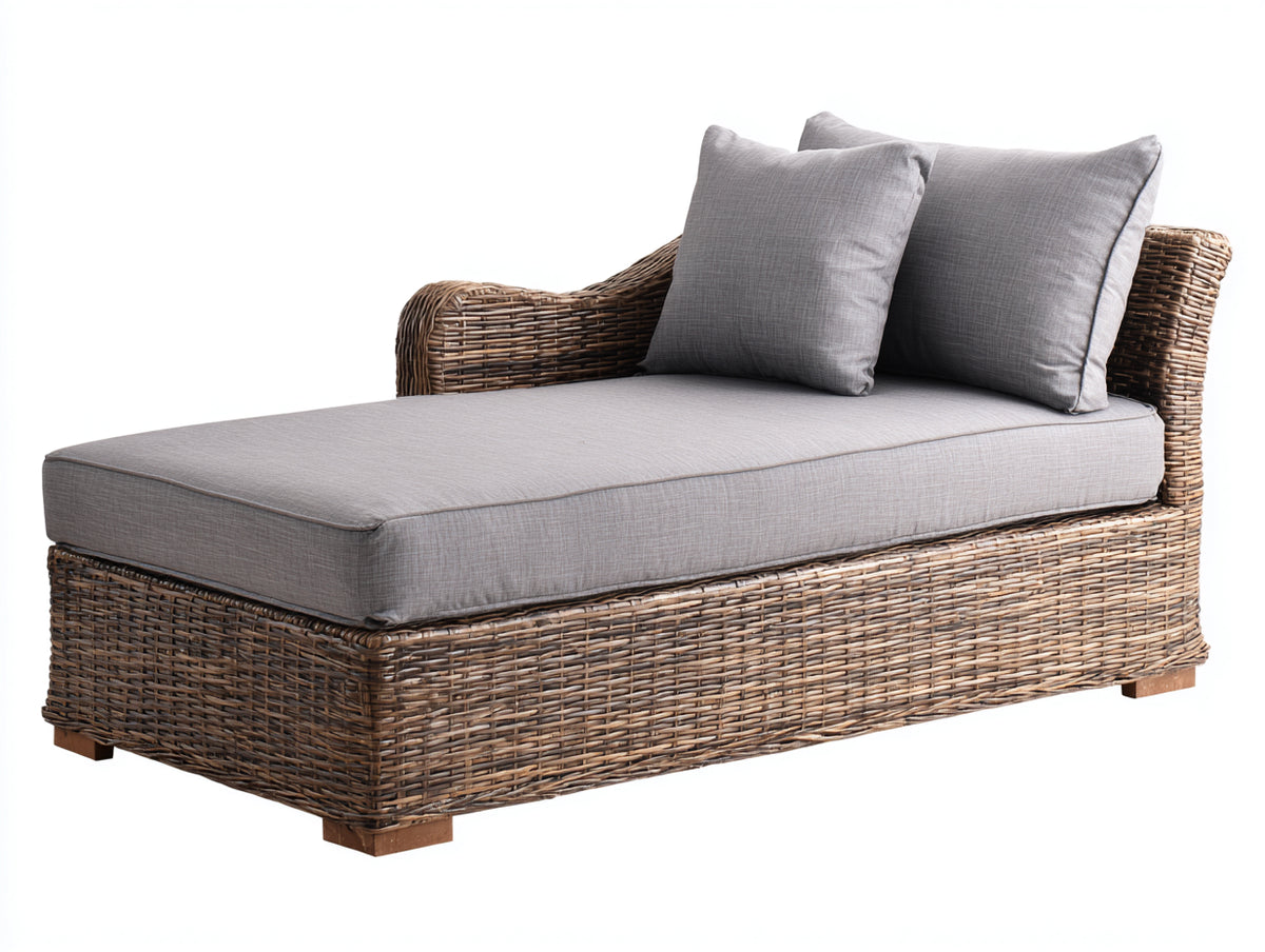 Sonnenliege aus Polyrattan und Stoff 190x85x80 cm - Braun-Grau - gepolsterte Liegefläche mit Armlehne im modernen Stil