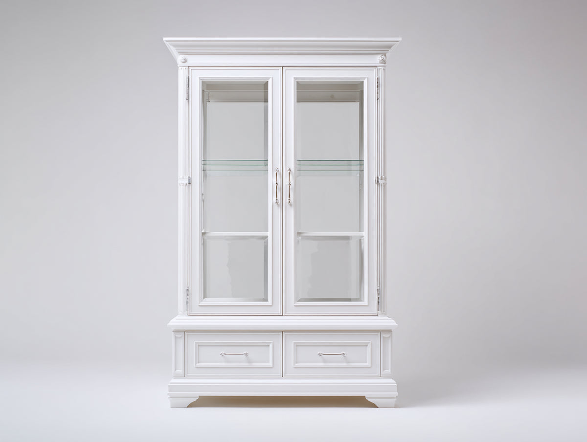 Vitrinen aus Holzwerkstoff und Glas 110x45x200 cm - Weiß - 2 Glastüren und 2 Schubladen im klassischen Stil