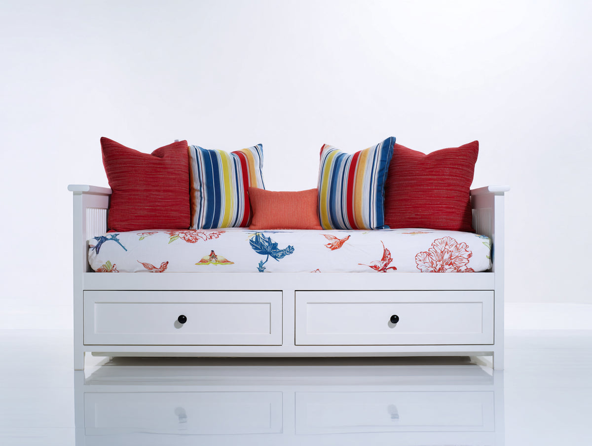 Schlafsofa Holzwerkstoff und Stoff 200x90x85 cm - Weiß und Mehrfarbig - Klassisches Schlafsofa mit 2 Schubladen