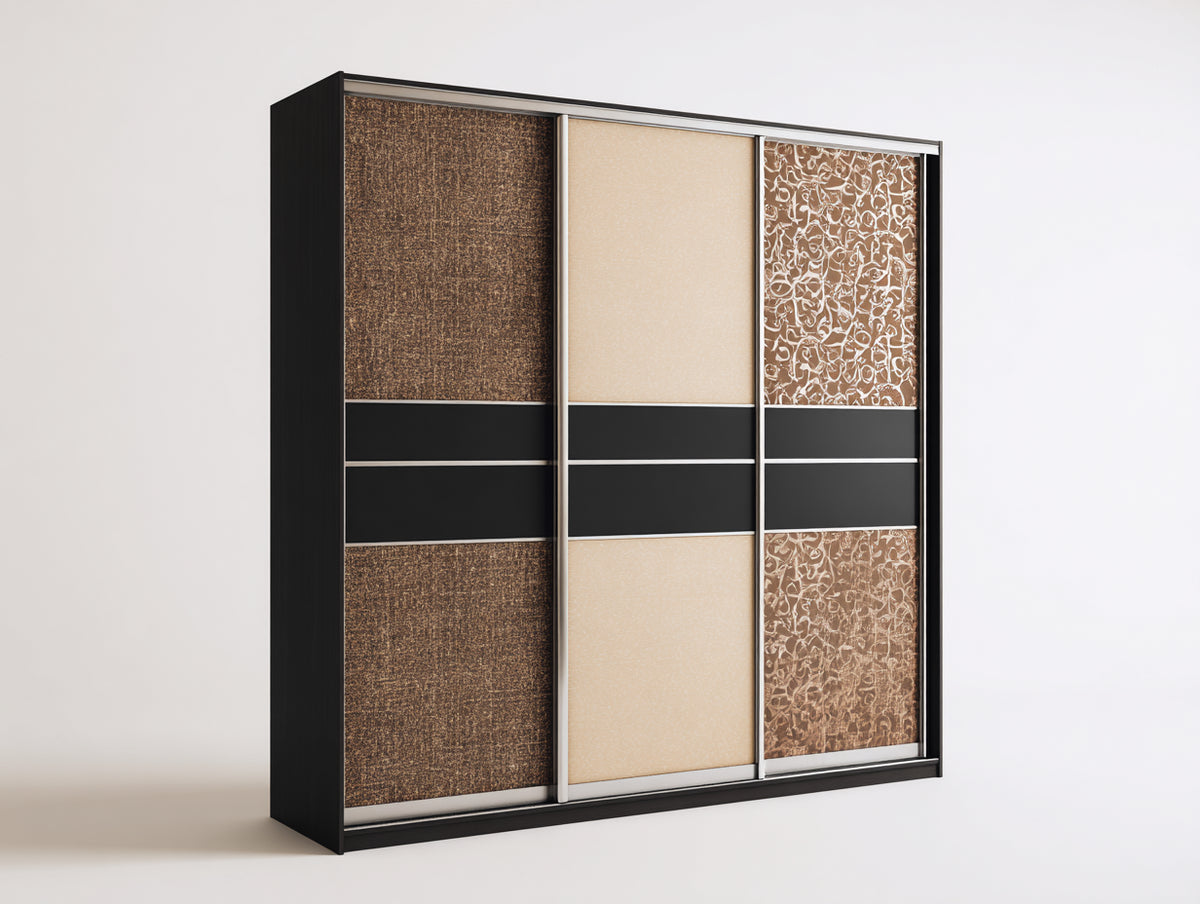 Kleiderschrank aus Holzwerkstoff 240 x 65 x 220 cm - Braun-Beige-Schwarz - modernes Design mit 3 Schiebetüren