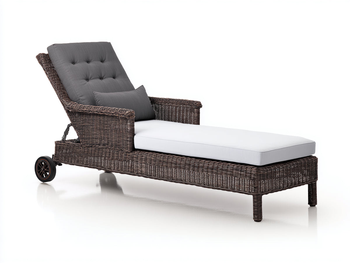 Sonnenliege aus Polyrattan 200 x 75 x 105 cm - Braun-Weiß-Grau - verstellbares Design mit Rollen