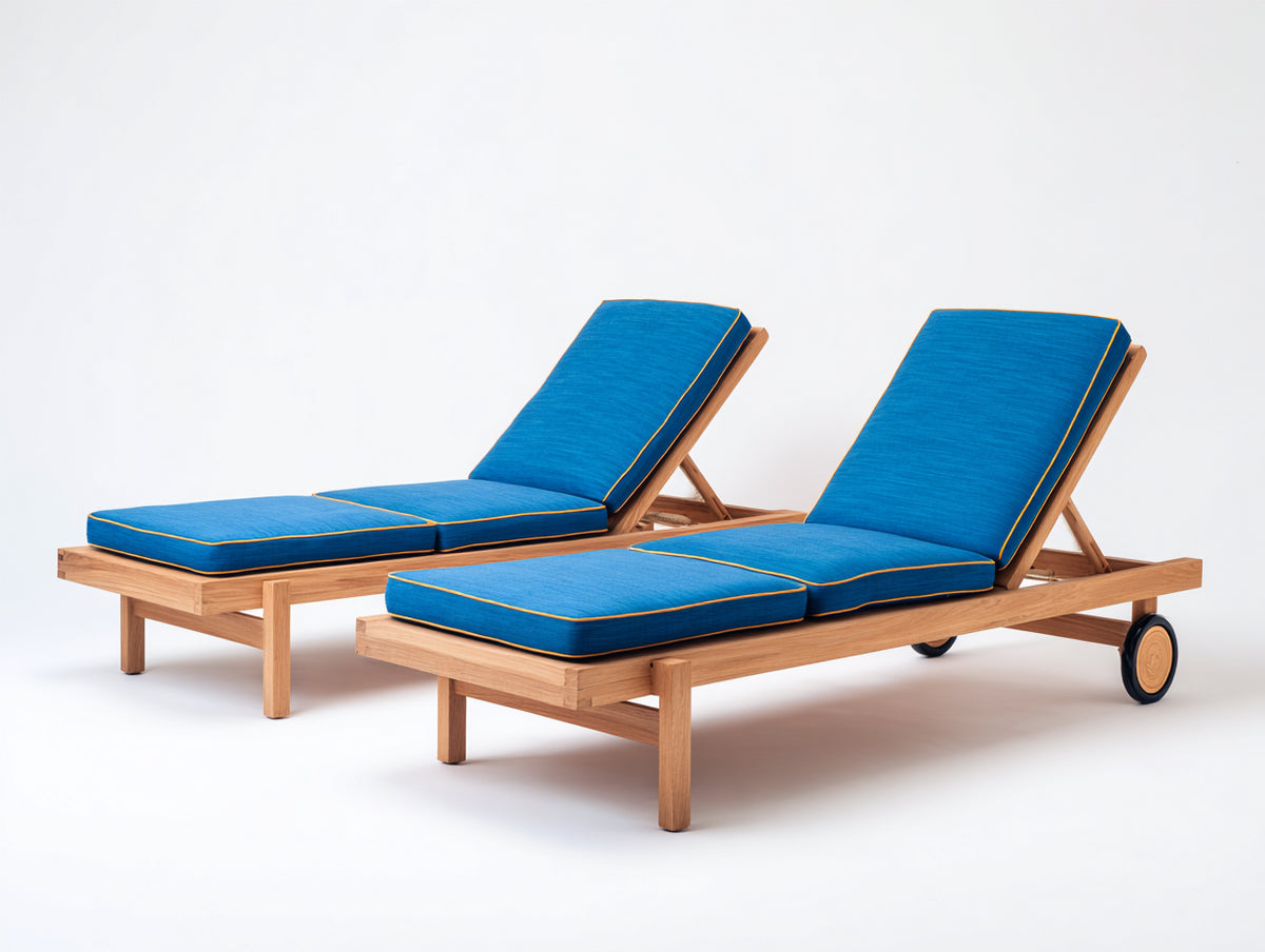 Sonnenliegen aus Holz und Stoff 200x70x85 cm - Natur-Blau - 2er Set mit verstellbarer Rückenlehne und Rollen im modernen Stil