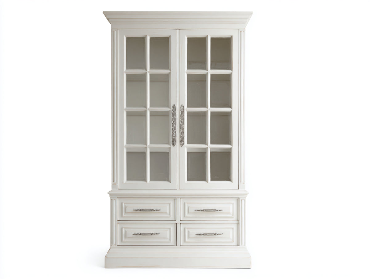 Vitrinen Schrank aus Holz und Glas 120x45x200 cm - Cremeweiß - Klassisches Design mit 2 Glastüren und 4 Schubladen