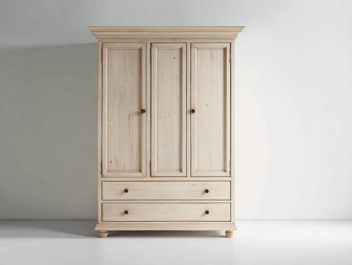Kleiderschrank aus Holzwerkstoff 150 x 60 x 205 cm - Cremeweiß - klassisches Design mit 3 Türen und 2 Schubladen