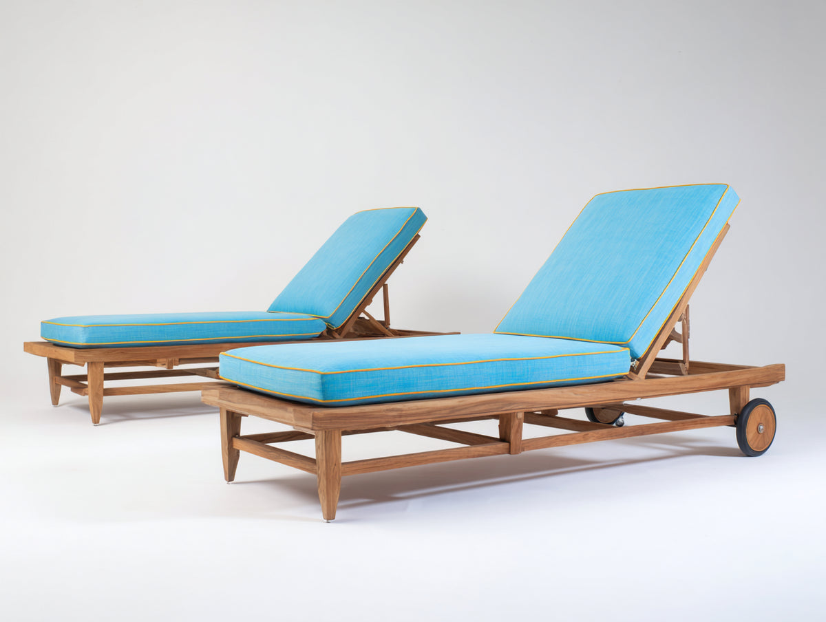 Sonnenliege Holz und Stoff 200x70x85 cm - Naturholz und Blau - Verstellbare Sonnenliege mit Rollen