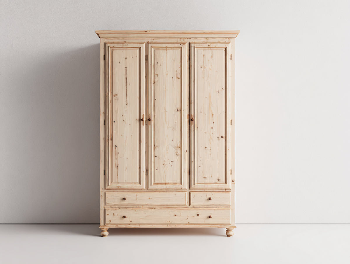 Kleiderschrank aus Holz 150x55x200 cm - Naturholz - Klassisches Design mit 3 Türen und 3 Schubladen
