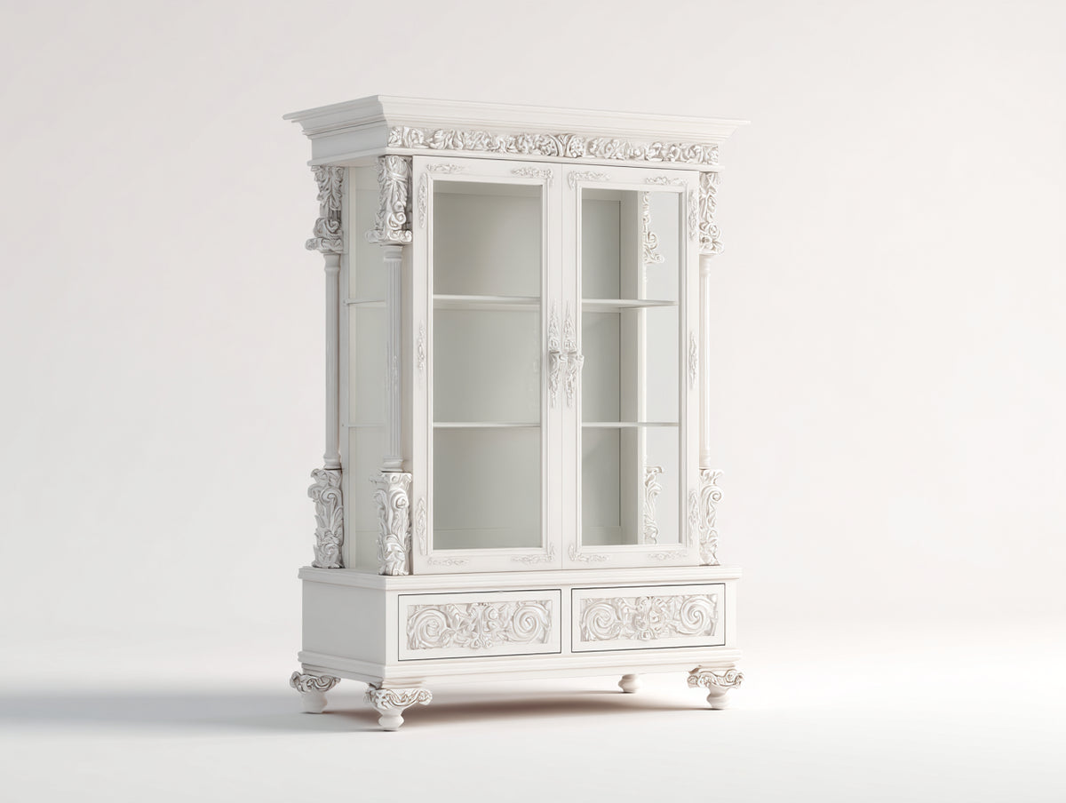 Vitrinen aus Holzwerkstoff und Glas 120x45x200 cm - Weiß - 2 Glastüren und 2 Schubladen im Barockstil