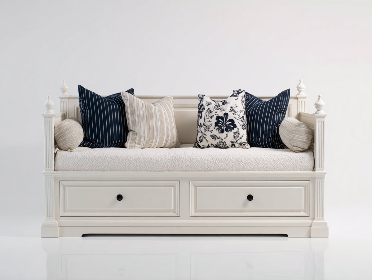 Schlafsofa aus Holzwerkstoff und Stoff 205 x 95 x 92 cm - Cremeweiß-Beige - klassisches Design mit 2 Schubladen