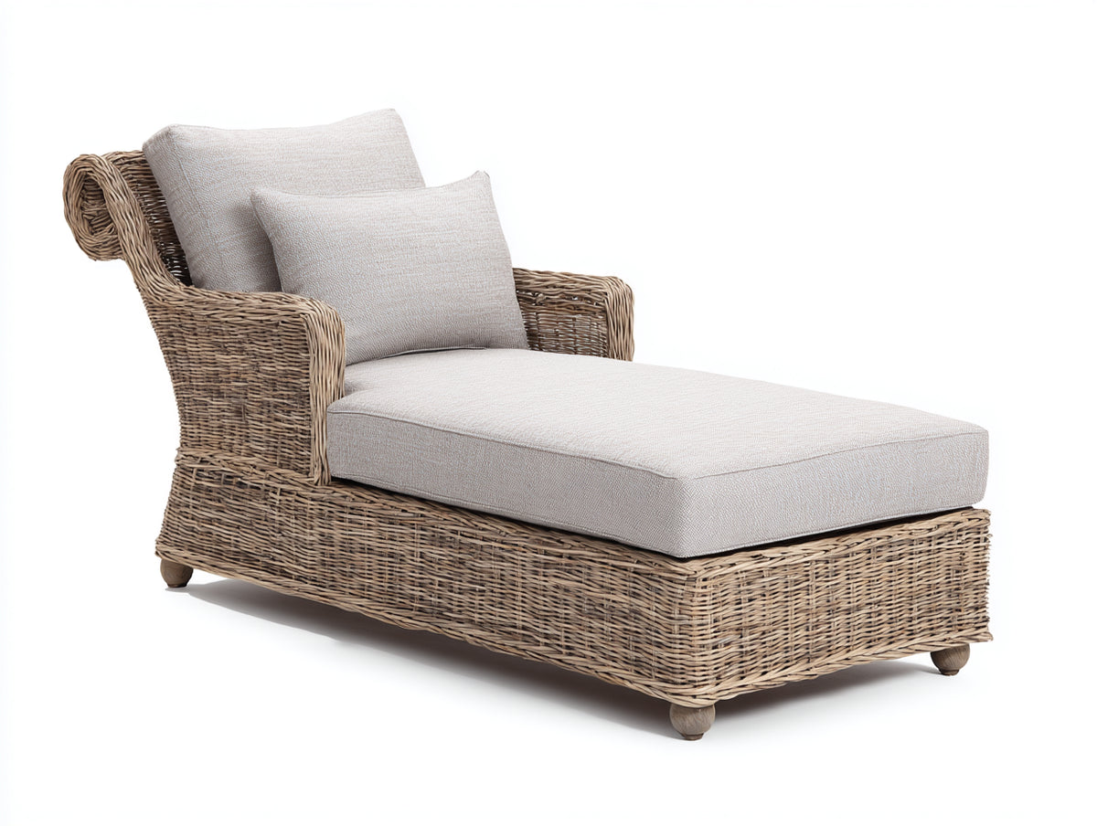 Sonnenliege Polyrattan und Stoff 175x88x82 cm - Naturbraun und Cremeweiß - Klassische Sonnenliege mit Armlehnen und gepolsterter Liegefläche